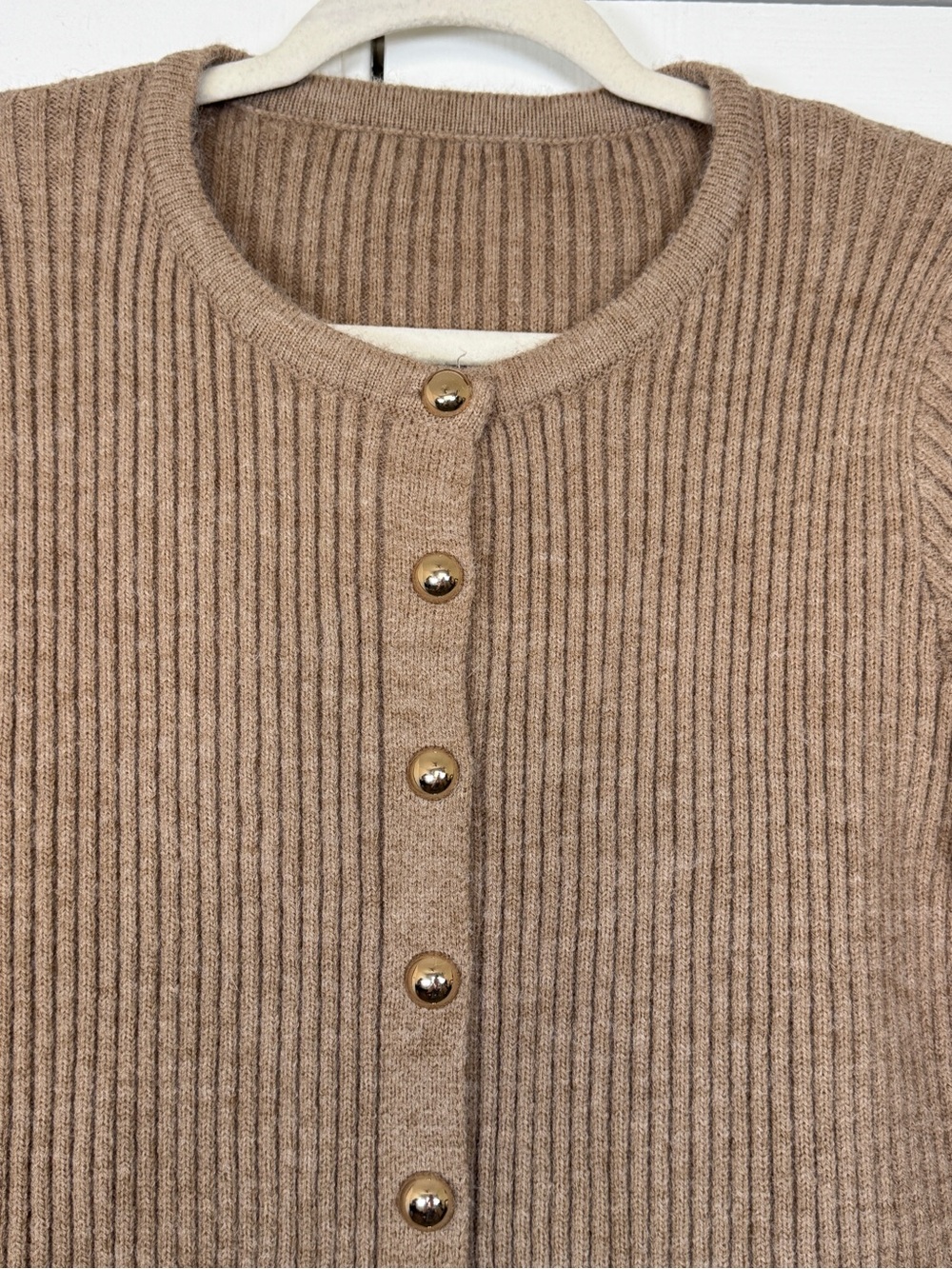 COMMENSE Button Down Split Cardigan Light Brown Ribbed Knit Gold Button Medium - Picture 5 of 12